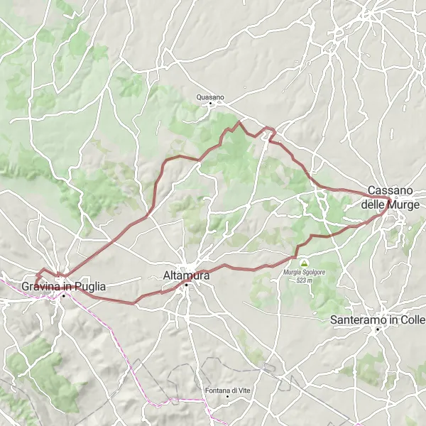 Map miniature of "Gravina Gravel Adventure" cycling inspiration in Puglia, Italy. Generated by Tarmacs.app cycling route planner