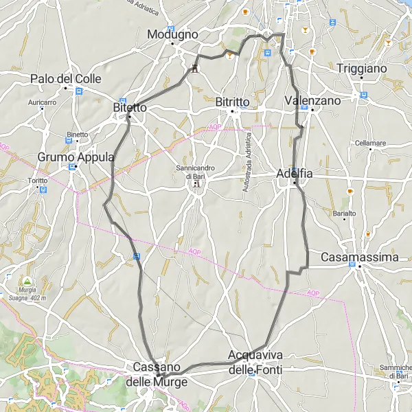 Miniatura della mappa di ispirazione al ciclismo "Giro panoramico da Cassano delle Murge" nella regione di Puglia, Italy. Generata da Tarmacs.app, pianificatore di rotte ciclistiche