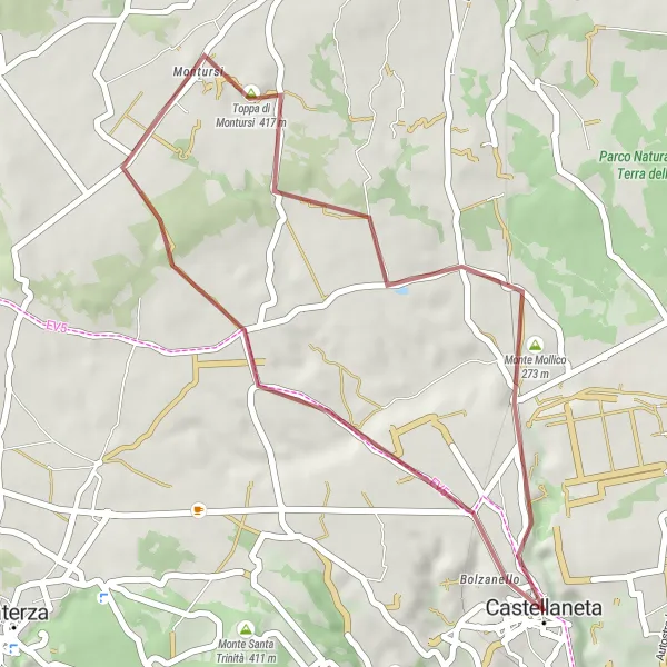 Miniatura della mappa di ispirazione al ciclismo "Giro in gravel verso Montursi e Monte Mollico" nella regione di Puglia, Italy. Generata da Tarmacs.app, pianificatore di rotte ciclistiche