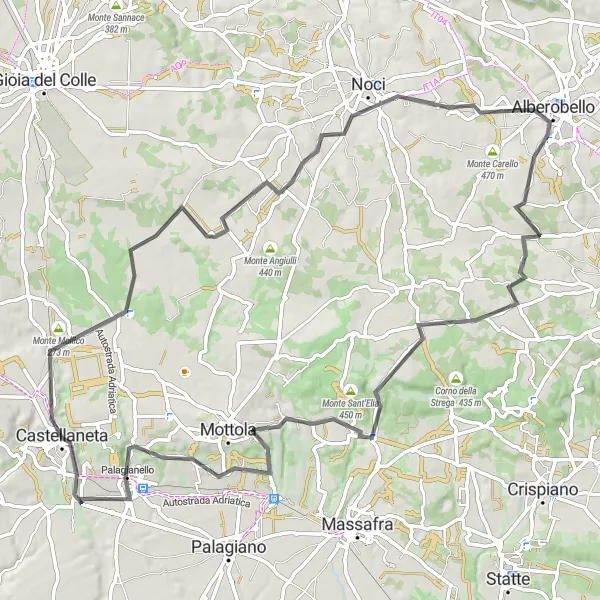 Map miniature of "Trulli and Cozzo Serrone Road Circuit" cycling inspiration in Puglia, Italy. Generated by Tarmacs.app cycling route planner