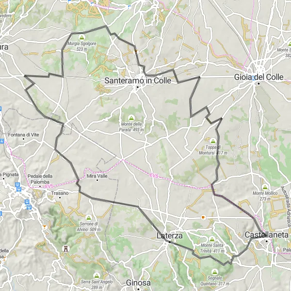 Map miniature of "Laterza and Toppa di Montursi Road Adventure" cycling inspiration in Puglia, Italy. Generated by Tarmacs.app cycling route planner