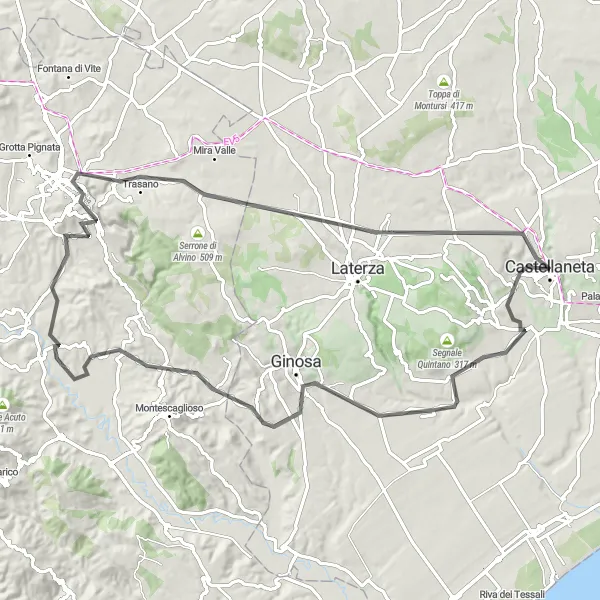 Map miniature of "Sassi di Matera and Cozzo Bolzanello Road Loop" cycling inspiration in Puglia, Italy. Generated by Tarmacs.app cycling route planner