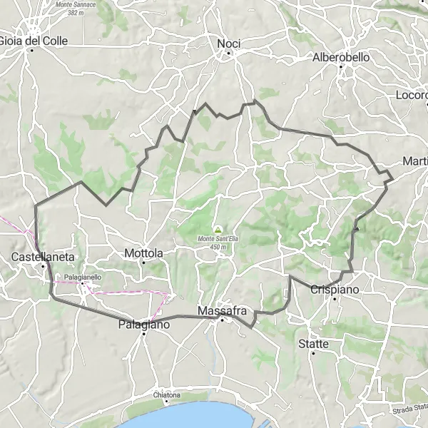 Miniatura della mappa di ispirazione al ciclismo "Giro in bici di 98 km verso San Basilio e Monte Imperatore" nella regione di Puglia, Italy. Generata da Tarmacs.app, pianificatore di rotte ciclistiche