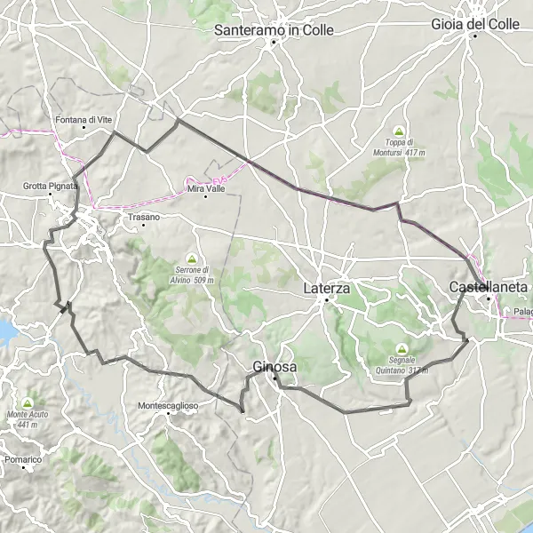 Miniatura della mappa di ispirazione al ciclismo "100 km tra Cozzo Bolzanello e Serra Rifusa: un'avventura unica" nella regione di Puglia, Italy. Generata da Tarmacs.app, pianificatore di rotte ciclistiche