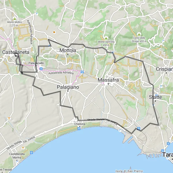 Miniatura della mappa di ispirazione al ciclismo "Rotta di 84 km tra Palagianello e Chiatona" nella regione di Puglia, Italy. Generata da Tarmacs.app, pianificatore di rotte ciclistiche