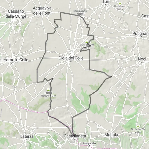 Miniatura della mappa di ispirazione al ciclismo "Panorama e storia in 98 km tra Toppa di Montursi e Monte Mollico" nella regione di Puglia, Italy. Generata da Tarmacs.app, pianificatore di rotte ciclistiche