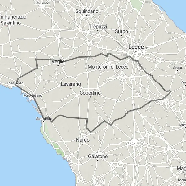 Miniatura della mappa di ispirazione al ciclismo "Giro in bicicletta da Castri di Lecce a Lizzanello" nella regione di Puglia, Italy. Generata da Tarmacs.app, pianificatore di rotte ciclistiche