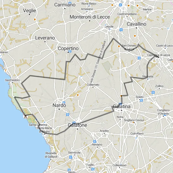 Miniatura della mappa di ispirazione al ciclismo "Giro in bicicletta da Castri di Lecce a Caprarica di Lecce" nella regione di Puglia, Italy. Generata da Tarmacs.app, pianificatore di rotte ciclistiche