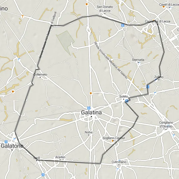 Miniatura della mappa di ispirazione al ciclismo "Giro dei Borghi Salentini" nella regione di Puglia, Italy. Generata da Tarmacs.app, pianificatore di rotte ciclistiche