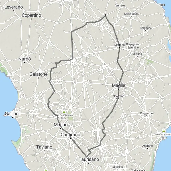 Miniatura della mappa di ispirazione al ciclismo "Viaggio tra Storia e Natura" nella regione di Puglia, Italy. Generata da Tarmacs.app, pianificatore di rotte ciclistiche