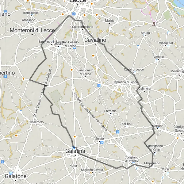 Miniatura della mappa di ispirazione al ciclismo "Esplorazione a Calimera e Martano" nella regione di Puglia, Italy. Generata da Tarmacs.app, pianificatore di rotte ciclistiche