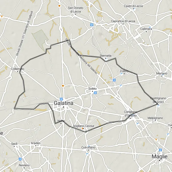 Miniatura della mappa di ispirazione al ciclismo "Giro in bicicletta da Castrignano De' Greci" nella regione di Puglia, Italy. Generata da Tarmacs.app, pianificatore di rotte ciclistiche