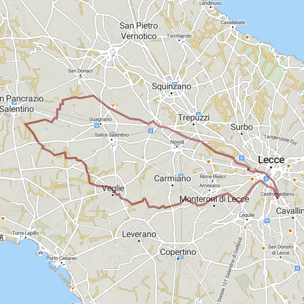 Miniatura della mappa di ispirazione al ciclismo "Percorso Gravel nella natura intorno a Castromediano" nella regione di Puglia, Italy. Generata da Tarmacs.app, pianificatore di rotte ciclistiche