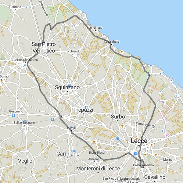 Miniatura della mappa di ispirazione al ciclismo "Giro in bici Road vicino a Castromediano" nella regione di Puglia, Italy. Generata da Tarmacs.app, pianificatore di rotte ciclistiche