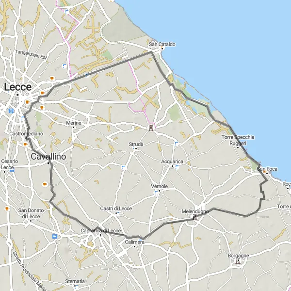Miniatura della mappa di ispirazione al ciclismo "Giro in bici verso Sud" nella regione di Puglia, Italy. Generata da Tarmacs.app, pianificatore di rotte ciclistiche