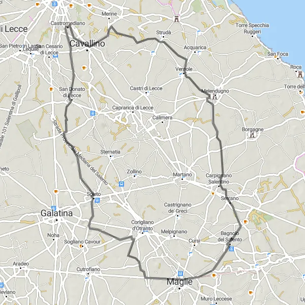 Miniatura della mappa di ispirazione al ciclismo "Giro in bici Road tra le tradizioni pugliesi" nella regione di Puglia, Italy. Generata da Tarmacs.app, pianificatore di rotte ciclistiche