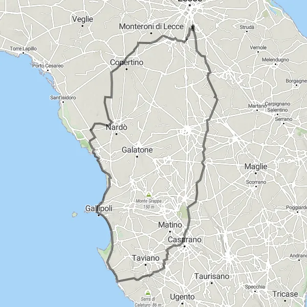 Map miniature of "Scenic Road Loop to Marina di Mancaversa" cycling inspiration in Puglia, Italy. Generated by Tarmacs.app cycling route planner