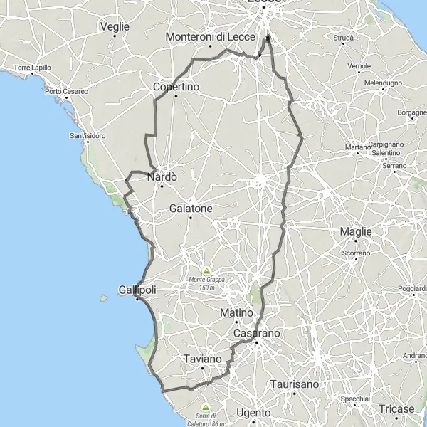 Miniatura della mappa di ispirazione al ciclismo "Giro in bicicletta da Castromediano a Marina di Mancaversa e ritorno" nella regione di Puglia, Italy. Generata da Tarmacs.app, pianificatore di rotte ciclistiche