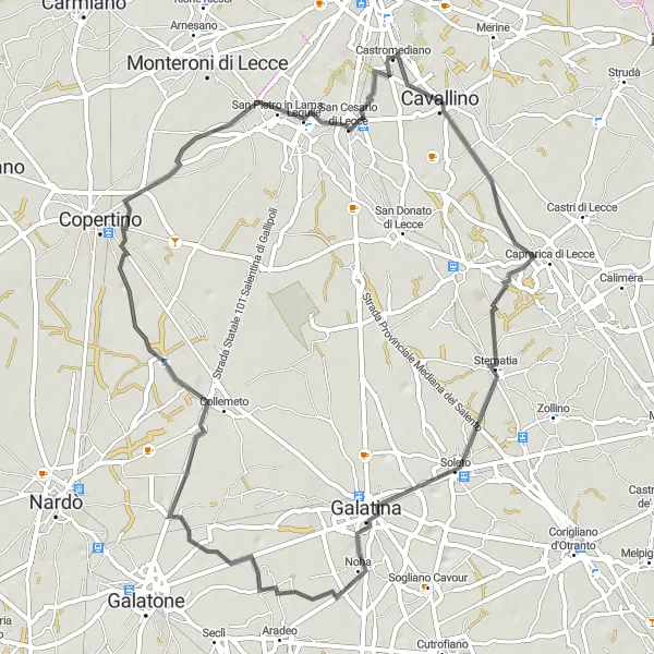 Miniatura della mappa di ispirazione al ciclismo "Tour Panoramico tra Borghi Antichi" nella regione di Puglia, Italy. Generata da Tarmacs.app, pianificatore di rotte ciclistiche