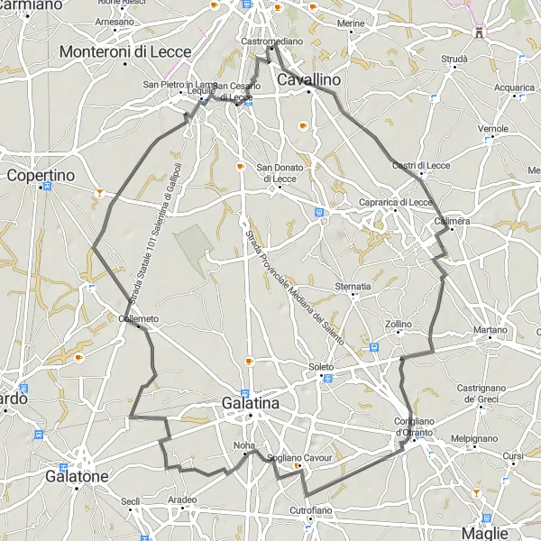 Miniatura della mappa di ispirazione al ciclismo "Tour Ciclistico nel Cuore della Puglia" nella regione di Puglia, Italy. Generata da Tarmacs.app, pianificatore di rotte ciclistiche