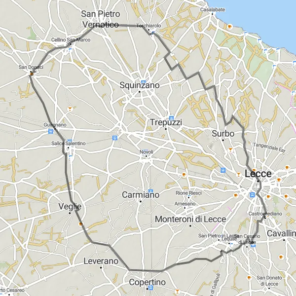 Miniatura della mappa di ispirazione al ciclismo "Percorso Road tra la natura e la storia" nella regione di Puglia, Italy. Generata da Tarmacs.app, pianificatore di rotte ciclistiche
