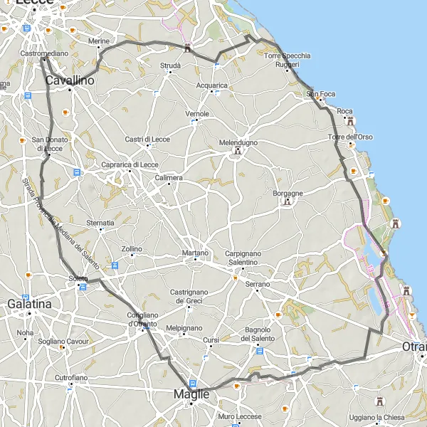 Miniatura della mappa di ispirazione al ciclismo "Tour in bici Road con visite storiche" nella regione di Puglia, Italy. Generata da Tarmacs.app, pianificatore di rotte ciclistiche