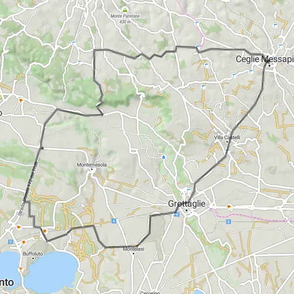 Miniatura della mappa di ispirazione al ciclismo "Tour in bicicletta su strada attraverso Monteiasi e Grottaglie" nella regione di Puglia, Italy. Generata da Tarmacs.app, pianificatore di rotte ciclistiche