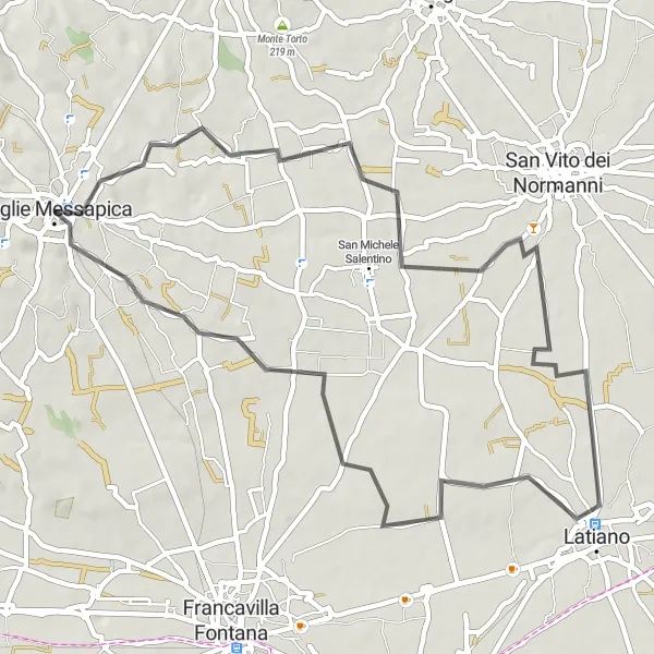 Miniatura della mappa di ispirazione al ciclismo "Tour ciclistico intorno a Ceglie Messapica" nella regione di Puglia, Italy. Generata da Tarmacs.app, pianificatore di rotte ciclistiche