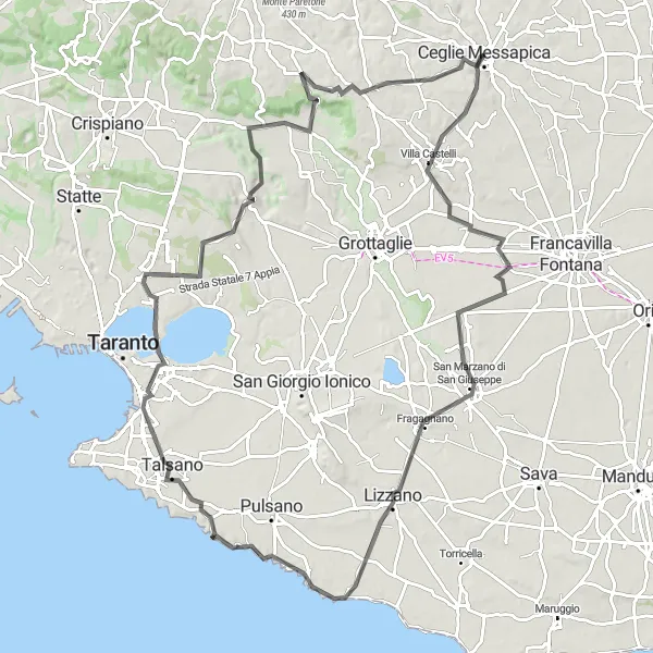 Miniatura della mappa di ispirazione al ciclismo "Giro in bici panoramico da Lizzano a Ceglie Messapica" nella regione di Puglia, Italy. Generata da Tarmacs.app, pianificatore di rotte ciclistiche
