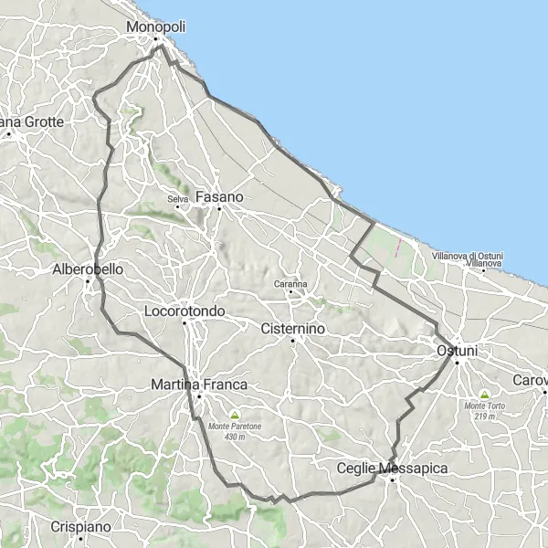 Miniatura della mappa di ispirazione al ciclismo "Giro in Bicicletta attraverso la Valle d'Itria" nella regione di Puglia, Italy. Generata da Tarmacs.app, pianificatore di rotte ciclistiche