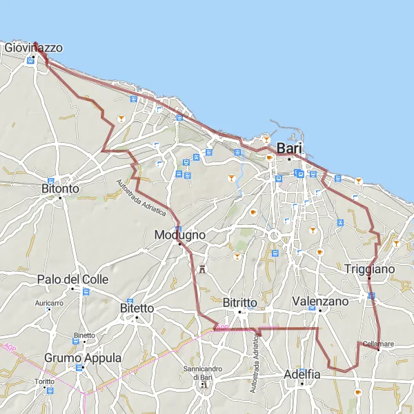 Map miniature of "Gravel Cycling Adventure: Loseto to Bari" cycling inspiration in Puglia, Italy. Generated by Tarmacs.app cycling route planner
