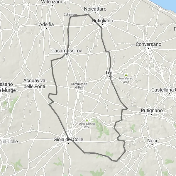 Miniatura della mappa di ispirazione al ciclismo "Bike tour da Cellamare a Gioia del Colle" nella regione di Puglia, Italy. Generata da Tarmacs.app, pianificatore di rotte ciclistiche