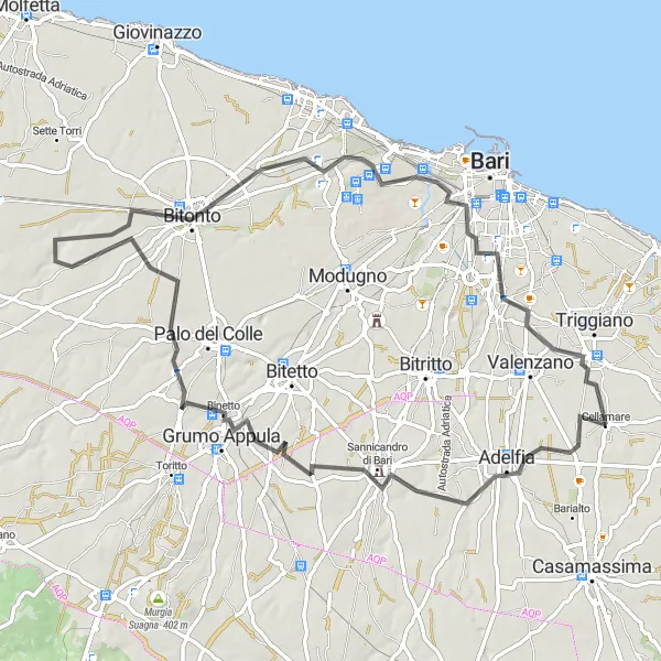 Map miniature of "Sannicandro di Bari to Cellamare" cycling inspiration in Puglia, Italy. Generated by Tarmacs.app cycling route planner