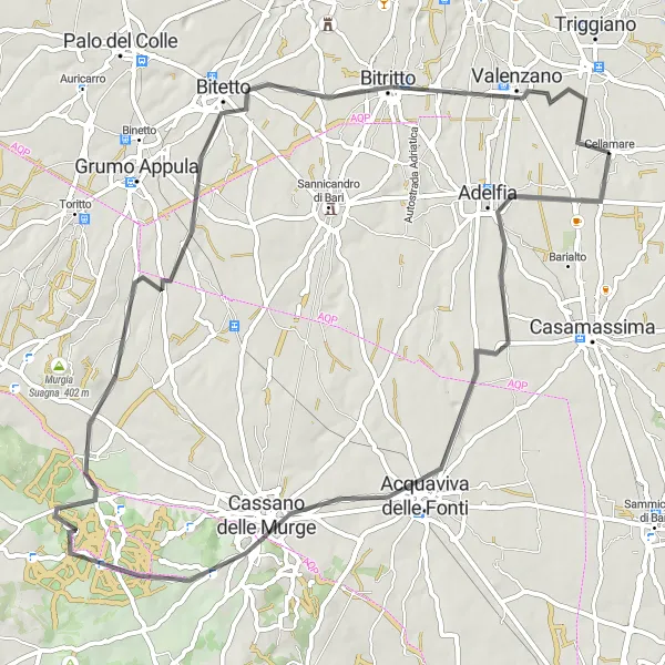 Miniatura della mappa di ispirazione al ciclismo "Ciclovia delle Masserie" nella regione di Puglia, Italy. Generata da Tarmacs.app, pianificatore di rotte ciclistiche