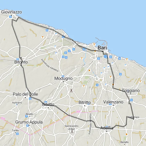 Miniatura della mappa di ispirazione al ciclismo "Avventurosa strada panoramica" nella regione di Puglia, Italy. Generata da Tarmacs.app, pianificatore di rotte ciclistiche