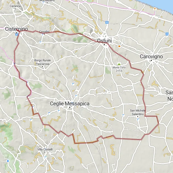 Miniatura della mappa di ispirazione al ciclismo "Il Percorso Gravel delle Colline Pugliesi" nella regione di Puglia, Italy. Generata da Tarmacs.app, pianificatore di rotte ciclistiche