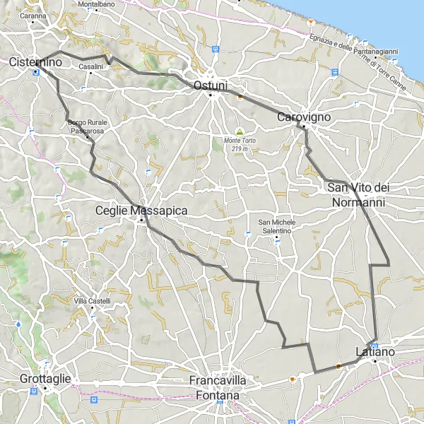 Map miniature of "Ostuni and Beyond" cycling inspiration in Puglia, Italy. Generated by Tarmacs.app cycling route planner