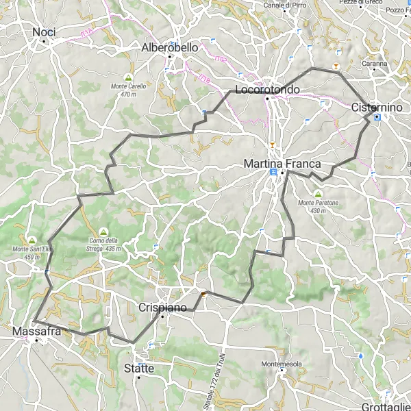 Miniatura della mappa di ispirazione al ciclismo "Cicloturismo tra Belvedere e Cisternino" nella regione di Puglia, Italy. Generata da Tarmacs.app, pianificatore di rotte ciclistiche