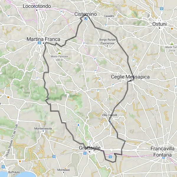 Miniatura della mappa di ispirazione al ciclismo "Il Giro delle Città Antiche" nella regione di Puglia, Italy. Generata da Tarmacs.app, pianificatore di rotte ciclistiche