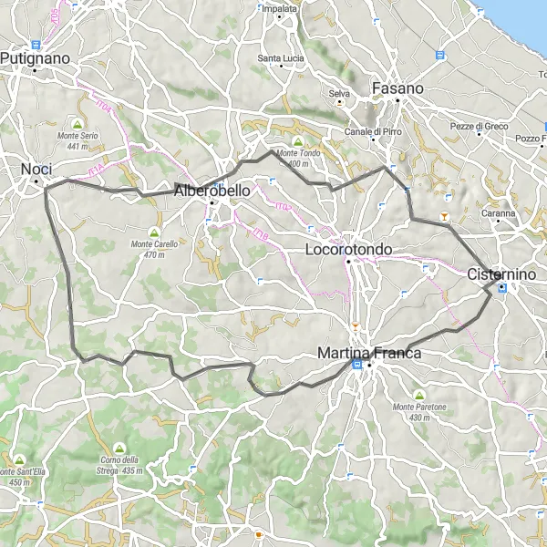 Miniatura della mappa di ispirazione al ciclismo "Giro in bicicletta da Cisternino attraverso Alberobello" nella regione di Puglia, Italy. Generata da Tarmacs.app, pianificatore di rotte ciclistiche