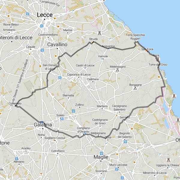 Miniatura della mappa di ispirazione al ciclismo "Esplorazione ciclistica di San Donato di Lecce e Serrano" nella regione di Puglia, Italy. Generata da Tarmacs.app, pianificatore di rotte ciclistiche