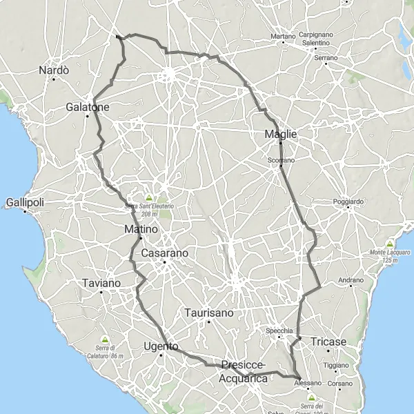 Miniatura della mappa di ispirazione al ciclismo "Giro in bici da Collemeto a Galatone attraverso la campagna pugliese" nella regione di Puglia, Italy. Generata da Tarmacs.app, pianificatore di rotte ciclistiche