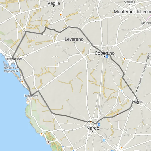 Miniatura della mappa di ispirazione al ciclismo "Giro in bici da strada tra Collemeto e Copertino" nella regione di Puglia, Italy. Generata da Tarmacs.app, pianificatore di rotte ciclistiche