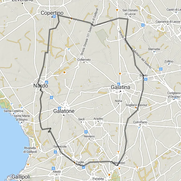 Map miniature of "Puglia Road Trip: Monte Grappa and Nardò" cycling inspiration in Puglia, Italy. Generated by Tarmacs.app cycling route planner