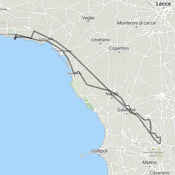 Miniatura della mappa di ispirazione al ciclismo "Esplorazione in bici tra Seclì e Aradeo" nella regione di Puglia, Italy. Generata da Tarmacs.app, pianificatore di rotte ciclistiche