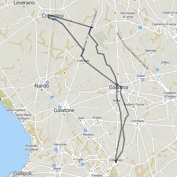 Miniatura della mappa di ispirazione al ciclismo "Giro ciclistico tra Copertino, Galatina e Collepasso" nella regione di Puglia, Italy. Generata da Tarmacs.app, pianificatore di rotte ciclistiche