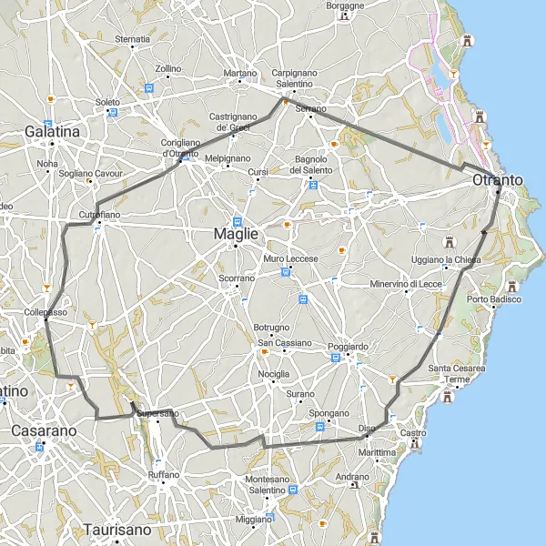 Miniatura della mappa di ispirazione al ciclismo "Cicloturismo tra Corigliano d'Otranto e Supersano" nella regione di Puglia, Italy. Generata da Tarmacs.app, pianificatore di rotte ciclistiche