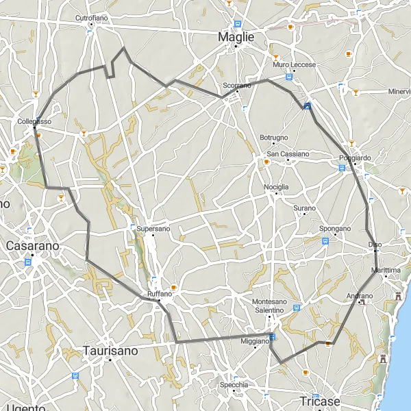 Miniatura della mappa di ispirazione al ciclismo "Passeggiata in bicicletta attraverso Scorrano, Andrano e Montesano Salentino" nella regione di Puglia, Italy. Generata da Tarmacs.app, pianificatore di rotte ciclistiche