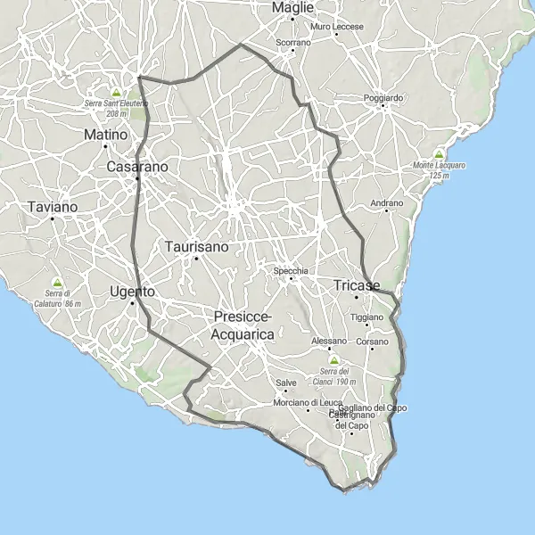 Miniatura della mappa di ispirazione al ciclismo "Avventura in bicicletta tra Marina Serra e Casarano" nella regione di Puglia, Italy. Generata da Tarmacs.app, pianificatore di rotte ciclistiche