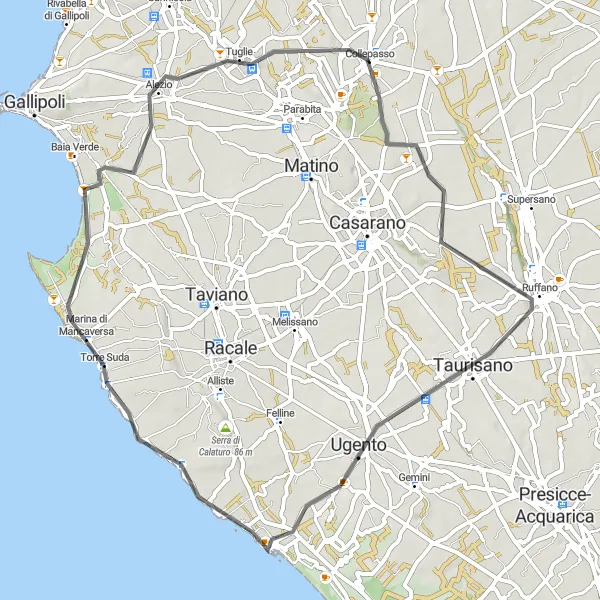 Map miniature of "Countryside and Coastal Adventure" cycling inspiration in Puglia, Italy. Generated by Tarmacs.app cycling route planner